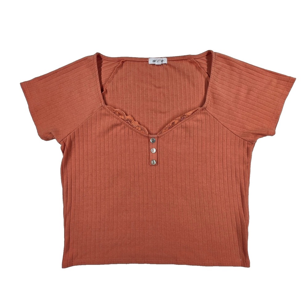 Stitch and Pine Peach Top Womens Cropped Lace and Button Accents XL Cute